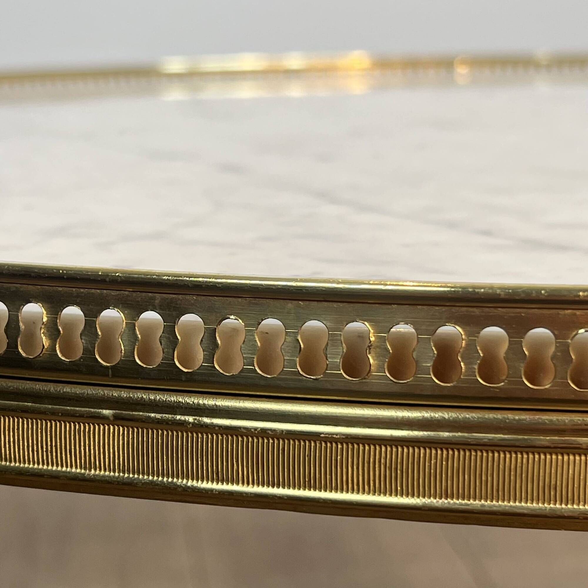Neoclassical Round Coffee Table in Brass with Beaded Gallery. Marble Top