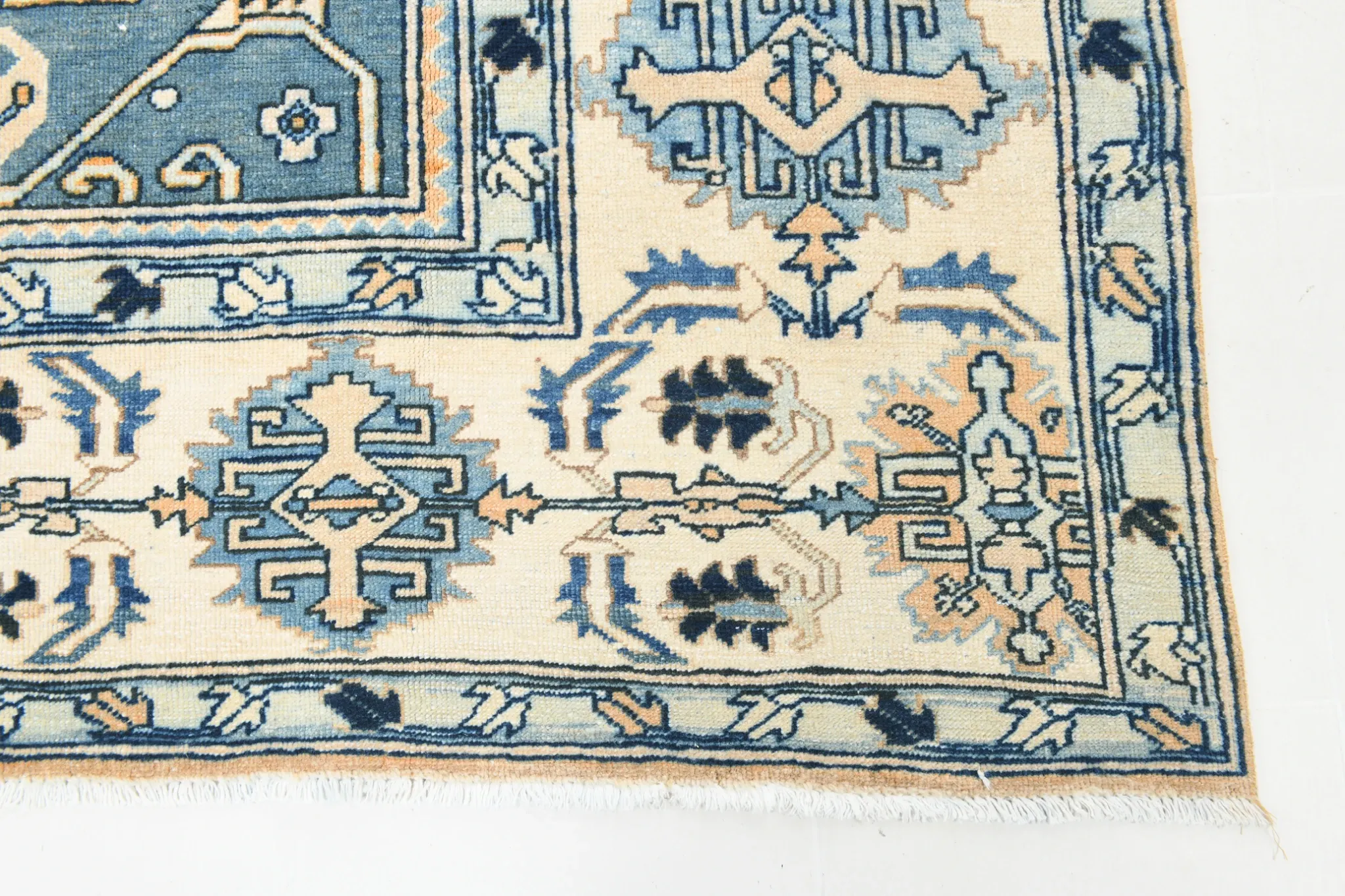 Vintage Large Blue & Peach Persian Rug, Handmade Wool Rustic Decor,348x495