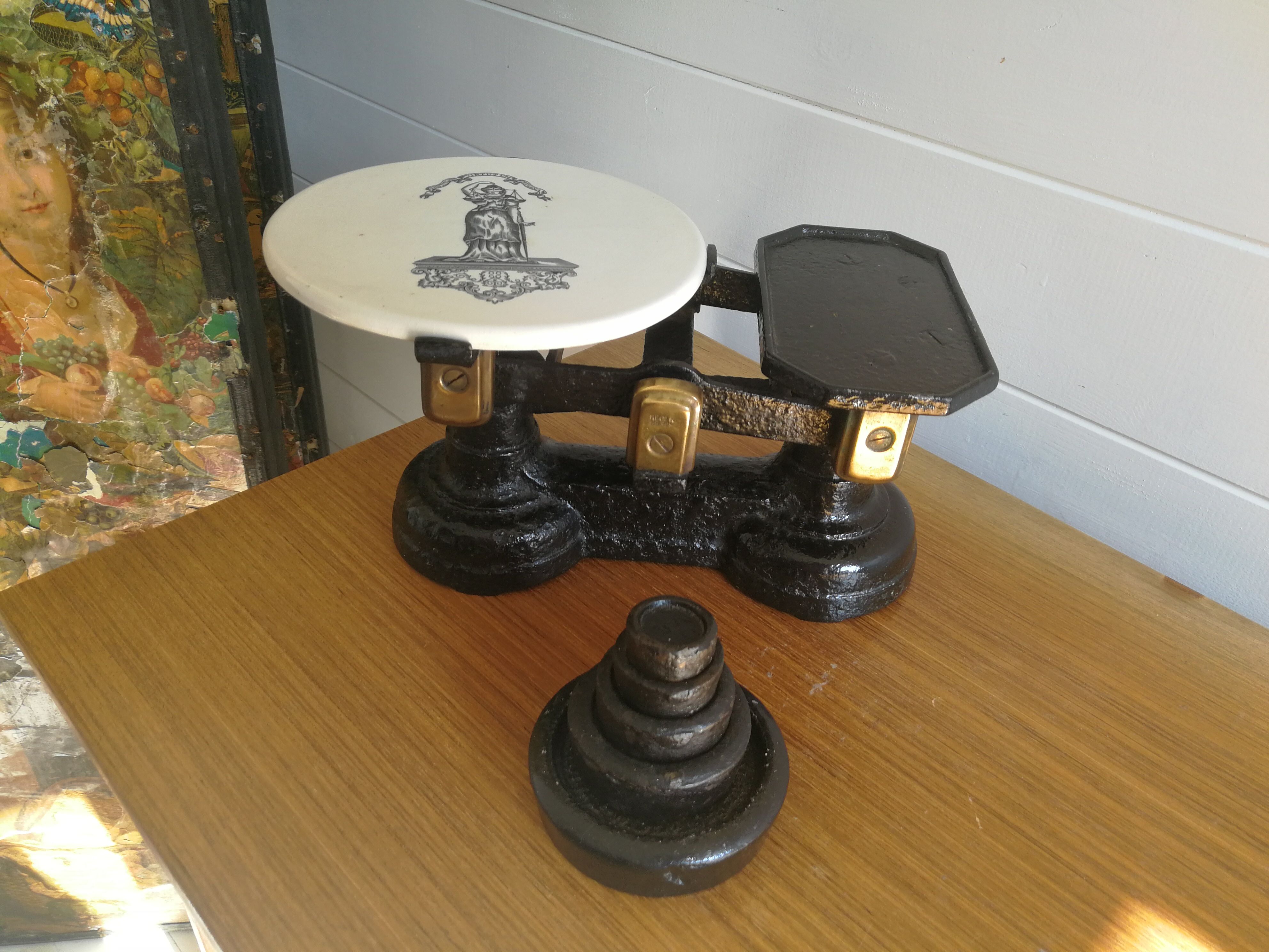 Antique Cast Iron Kitchen Scales With Ceramic Tray And Weights