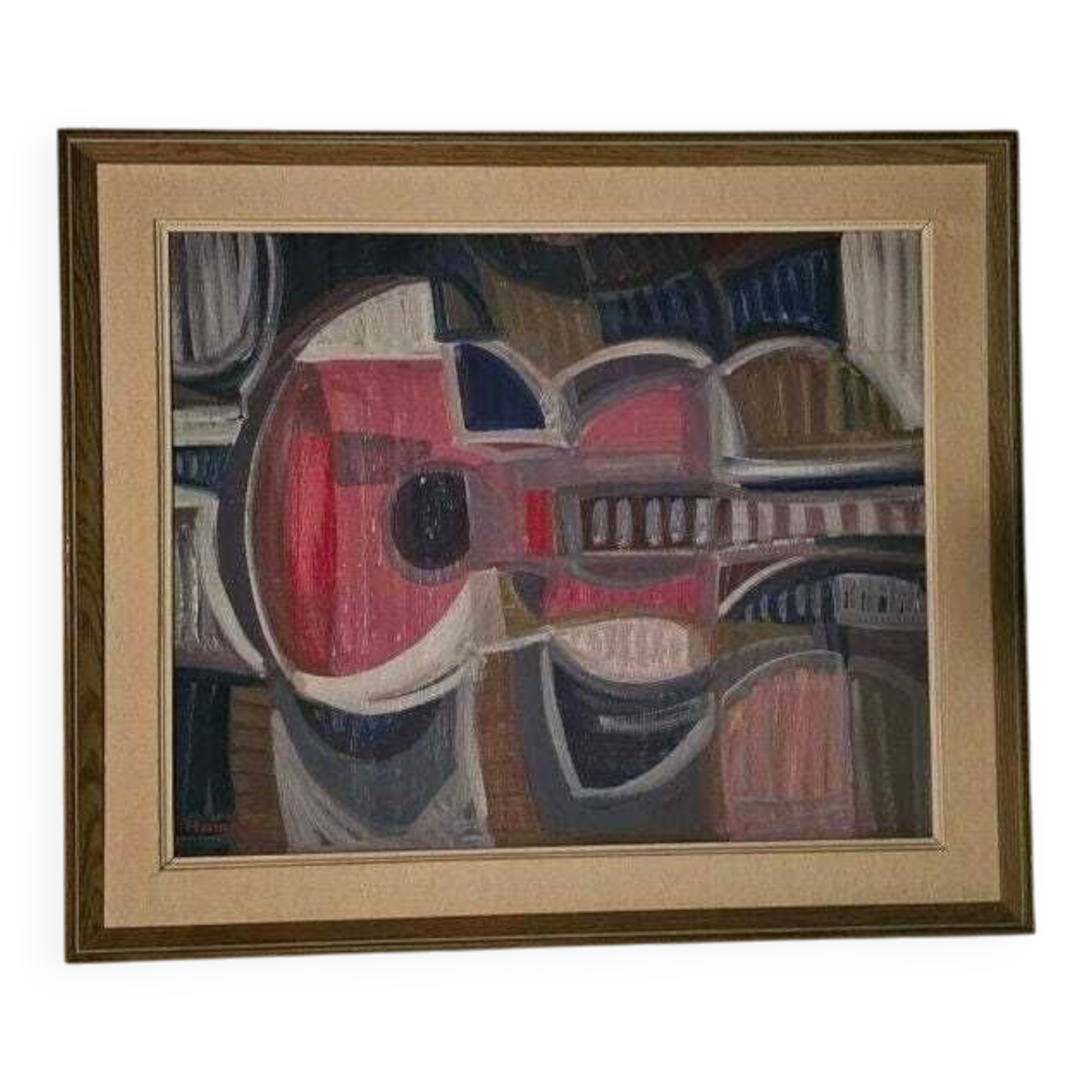 Huile sur panneau originale suédoise – « Guitare » par Ingemar Hammar – Datée de 1964 – Vintage et encadrée