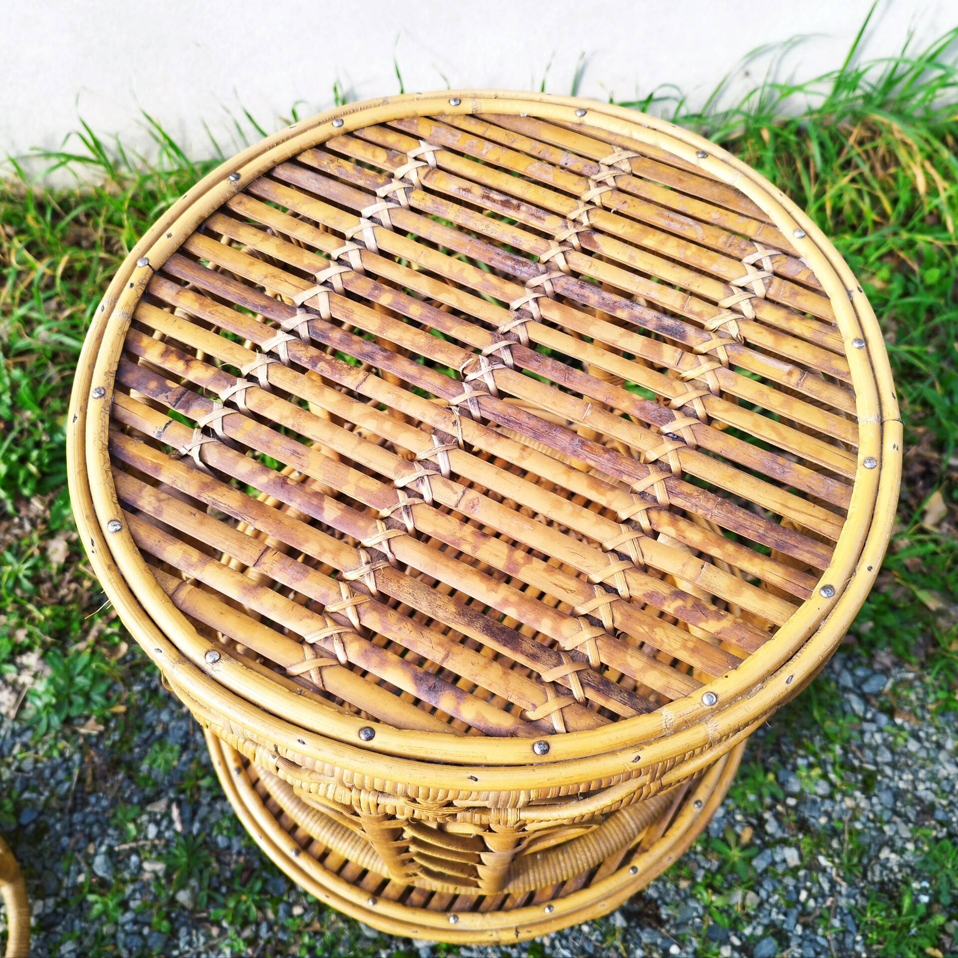 Vintage peacock rattan wicker nesting side tables