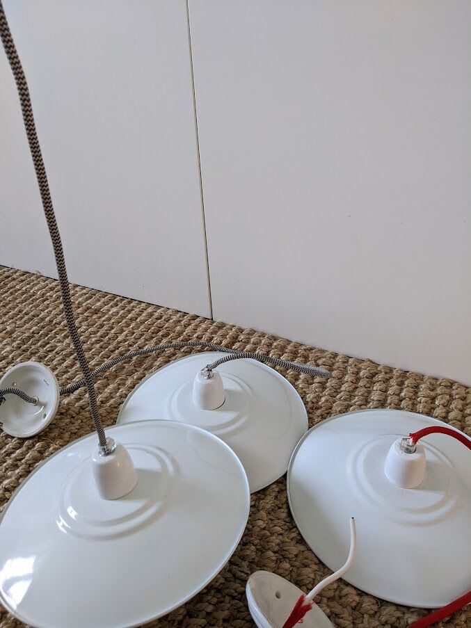 Three vintage pendant lamps, porcelain and aluminum