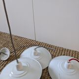 Three vintage pendant lamps, porcelain and aluminum