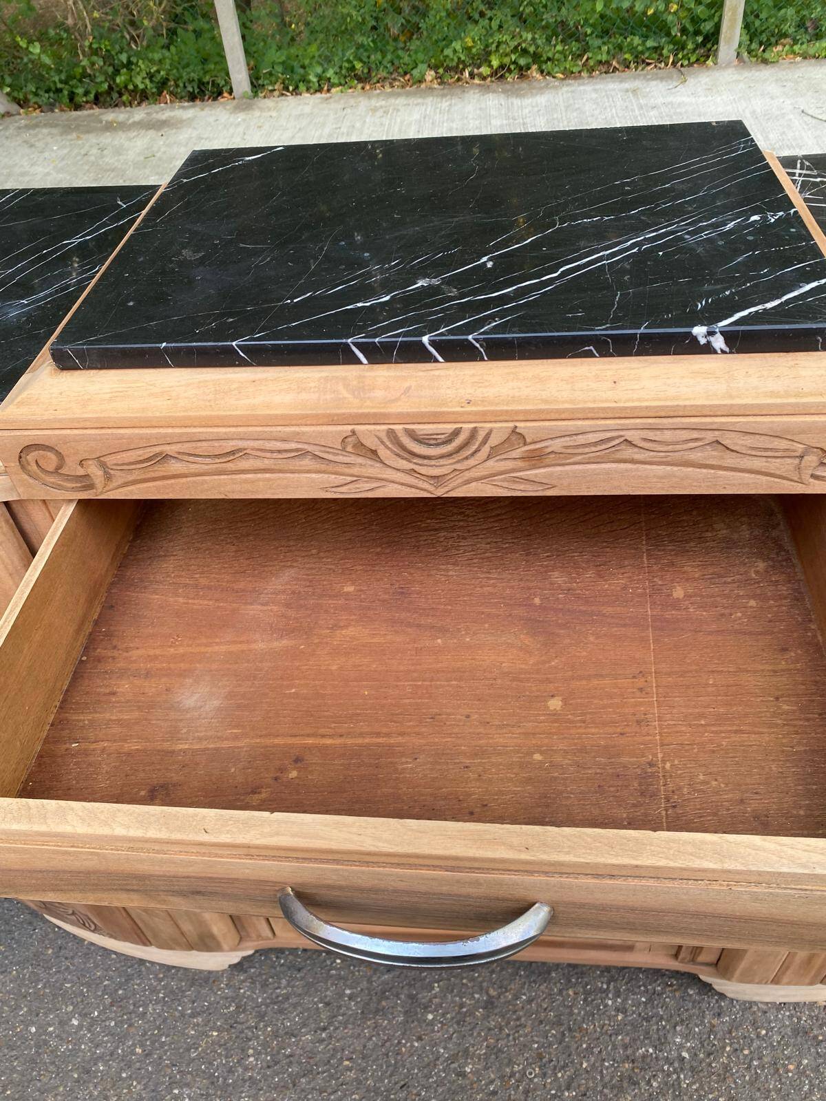 Art Deco sideboard renovated in solid walnut with black marble, 1930.