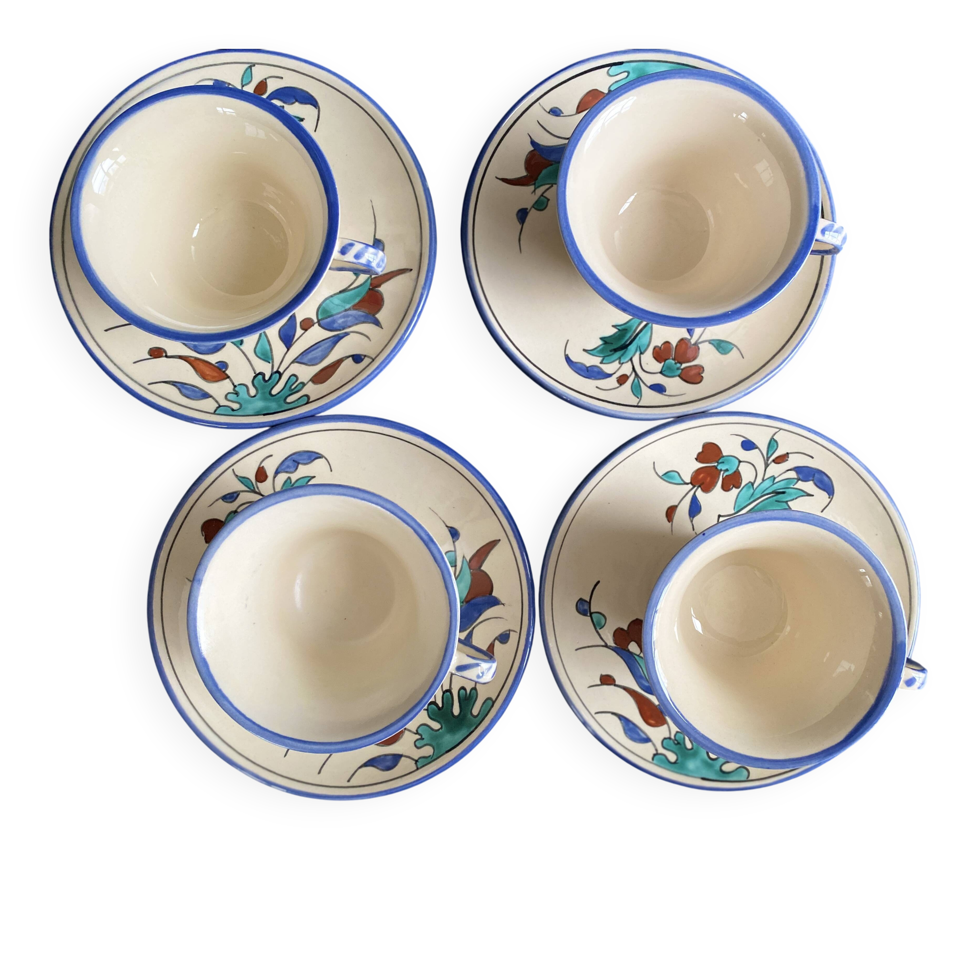 Set of 4 handmade cups and saucers – Hand-painted – Izni style