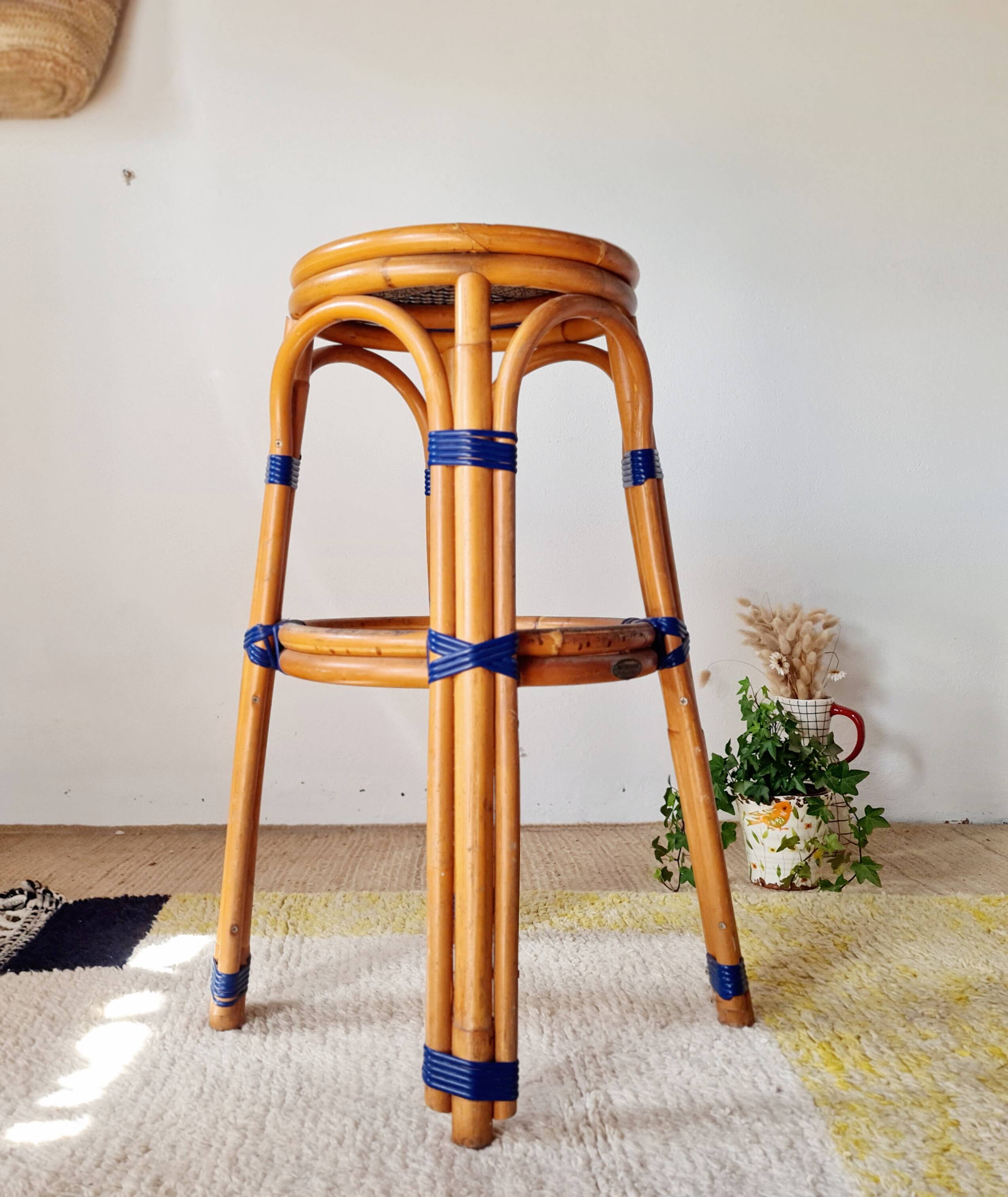 Vintage high stool Multicanne - Rattan & blue Rilsan - French