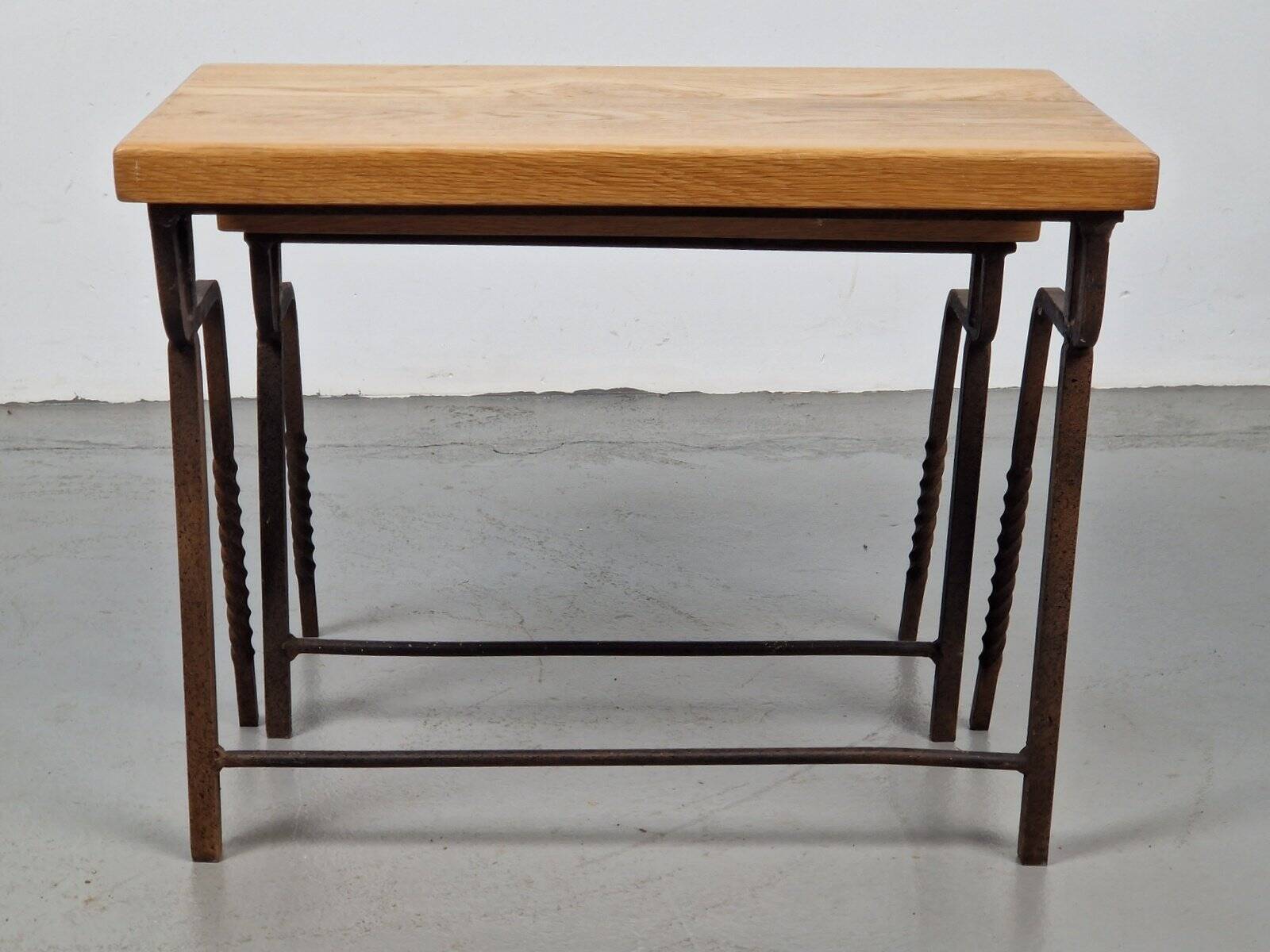 Brutalist Cast Iron and Oak Nesting Tables, 1970s, Set of 2