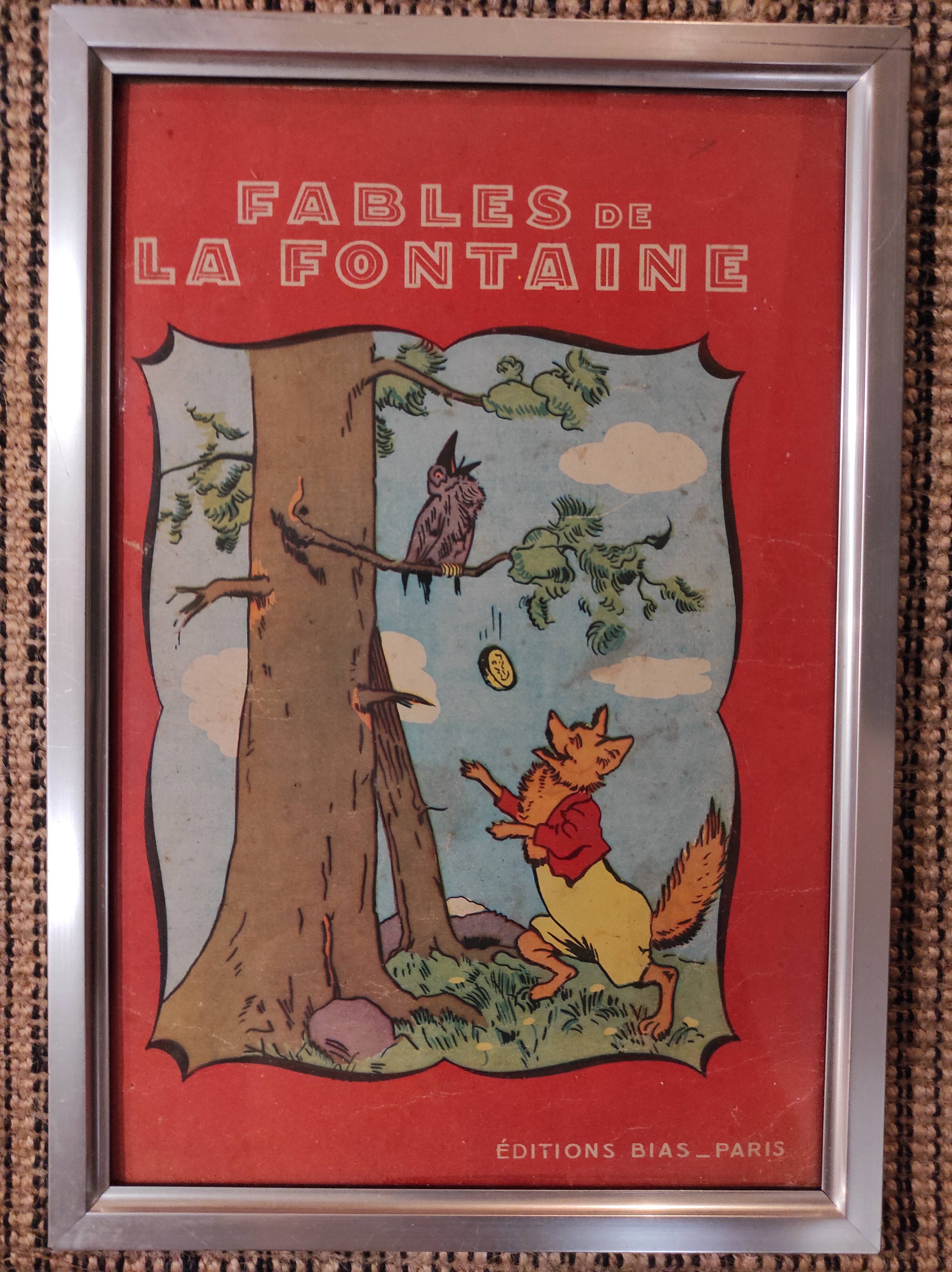 Set of 5 illustrations framed in glass the Fables of La Fontaine