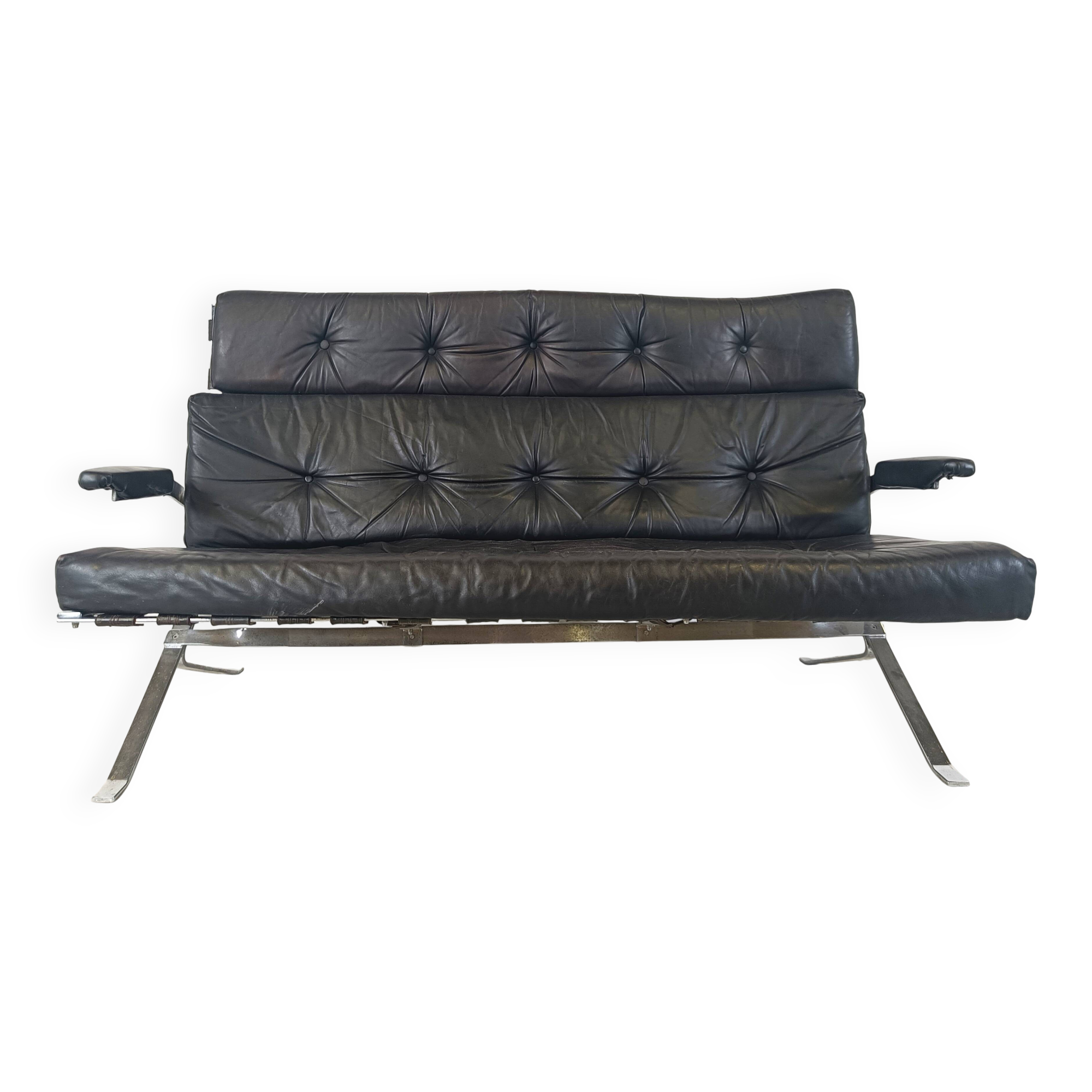 Vintage black leather and chrome sofa, 1970s