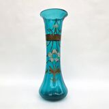 Large diabolo-shaped vase in turquoise blue blown glass with floral decoration • Art Nouveau • 1900s