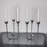 Pair of art deco stainless steel 3-flame candlesticks, Spain, 1970