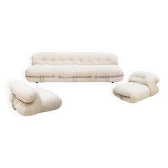 Midcentury White Wool Soriana Sofa and 2 Armchairs By Tobia Scarpa for Cassina