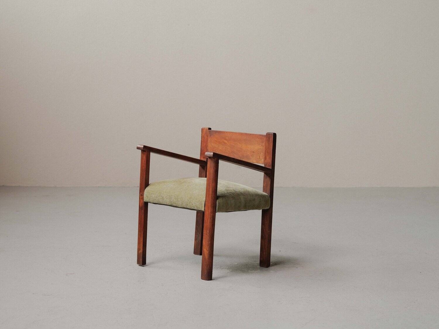 French modernist armchair in wood and green velvet, 1950s