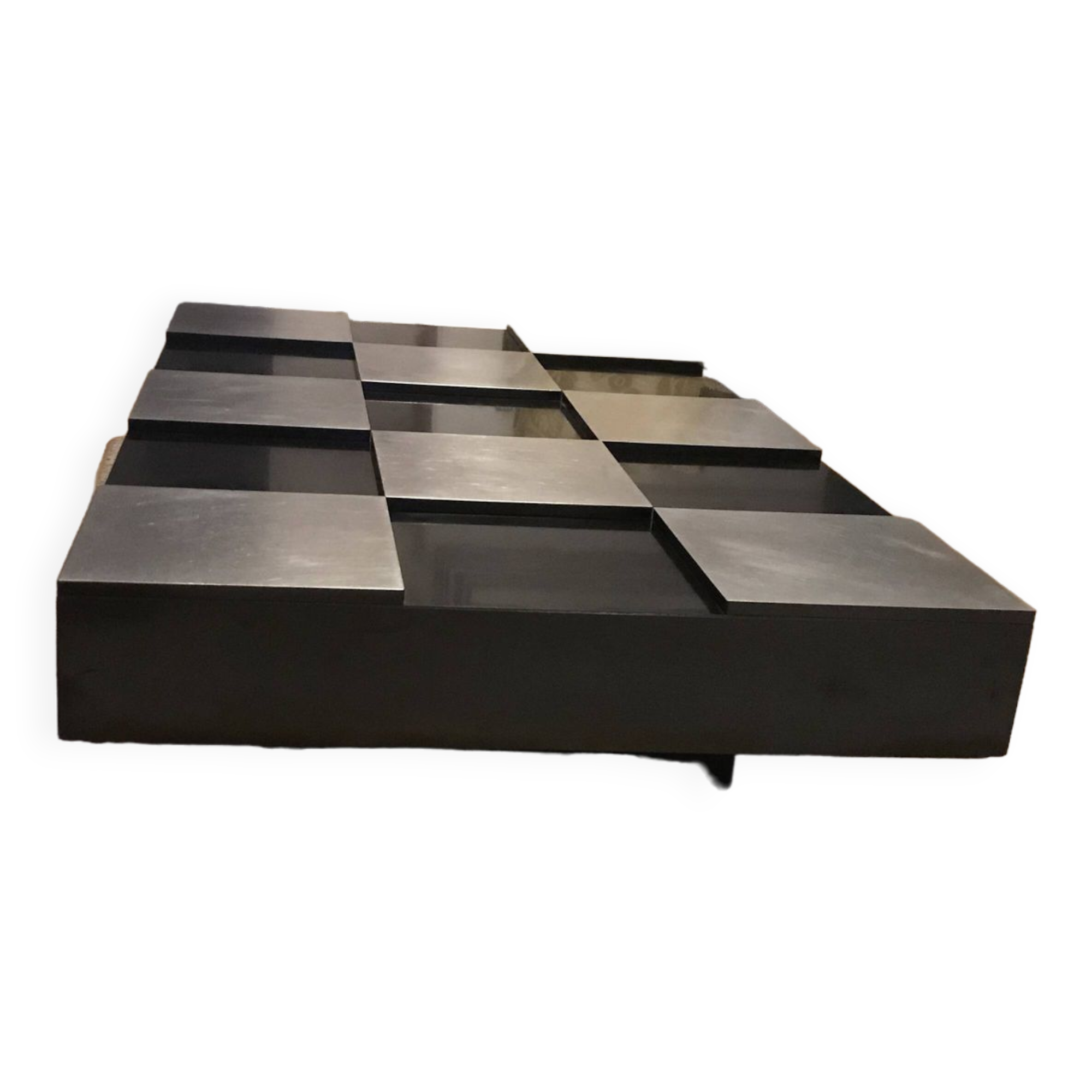 Coffee table with stainless steel checkered top and black formica