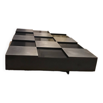Coffee table with stainless steel checkered top and black formica