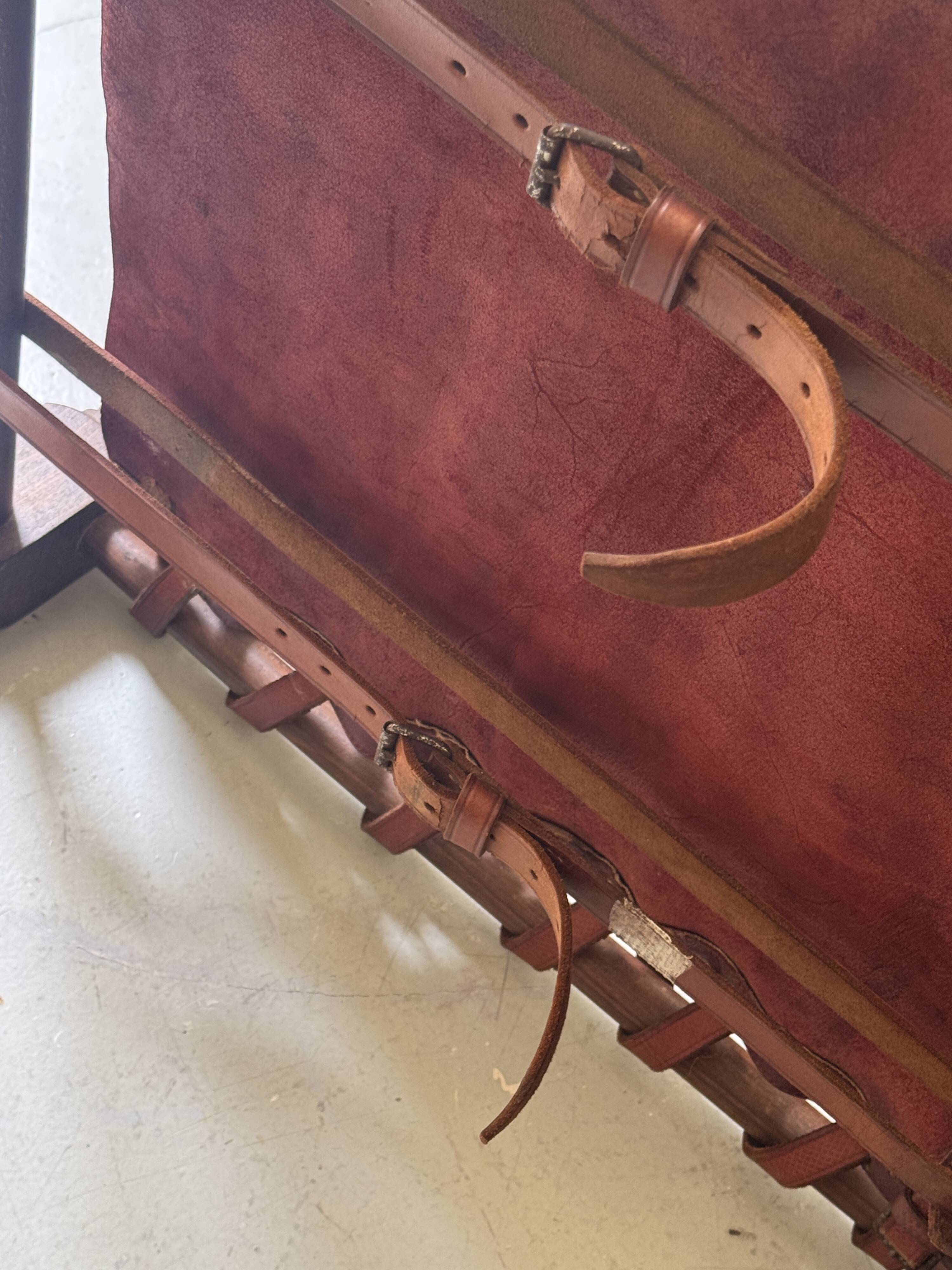 Scandinavian safari armchair in wood & burgundy leather upholstery 20th century