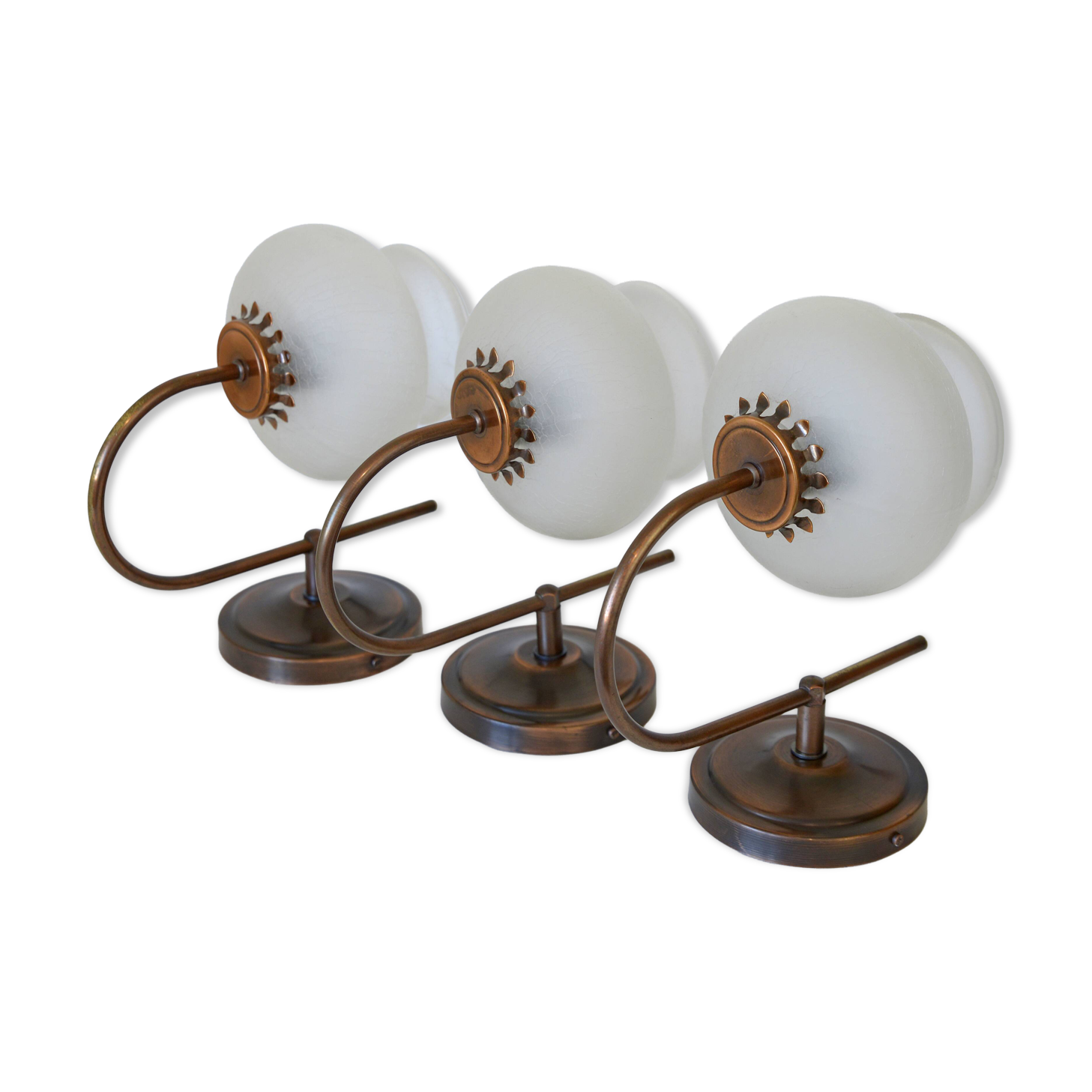 Vintage wall lamps / set of 3 / copper and ice glass rustic sconces