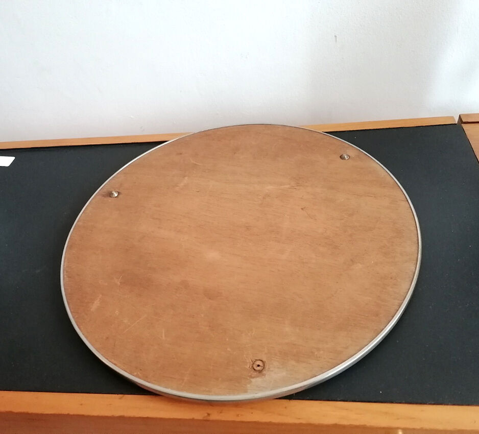Set of 3 round mirrored trays, metal strapping, 1950/60