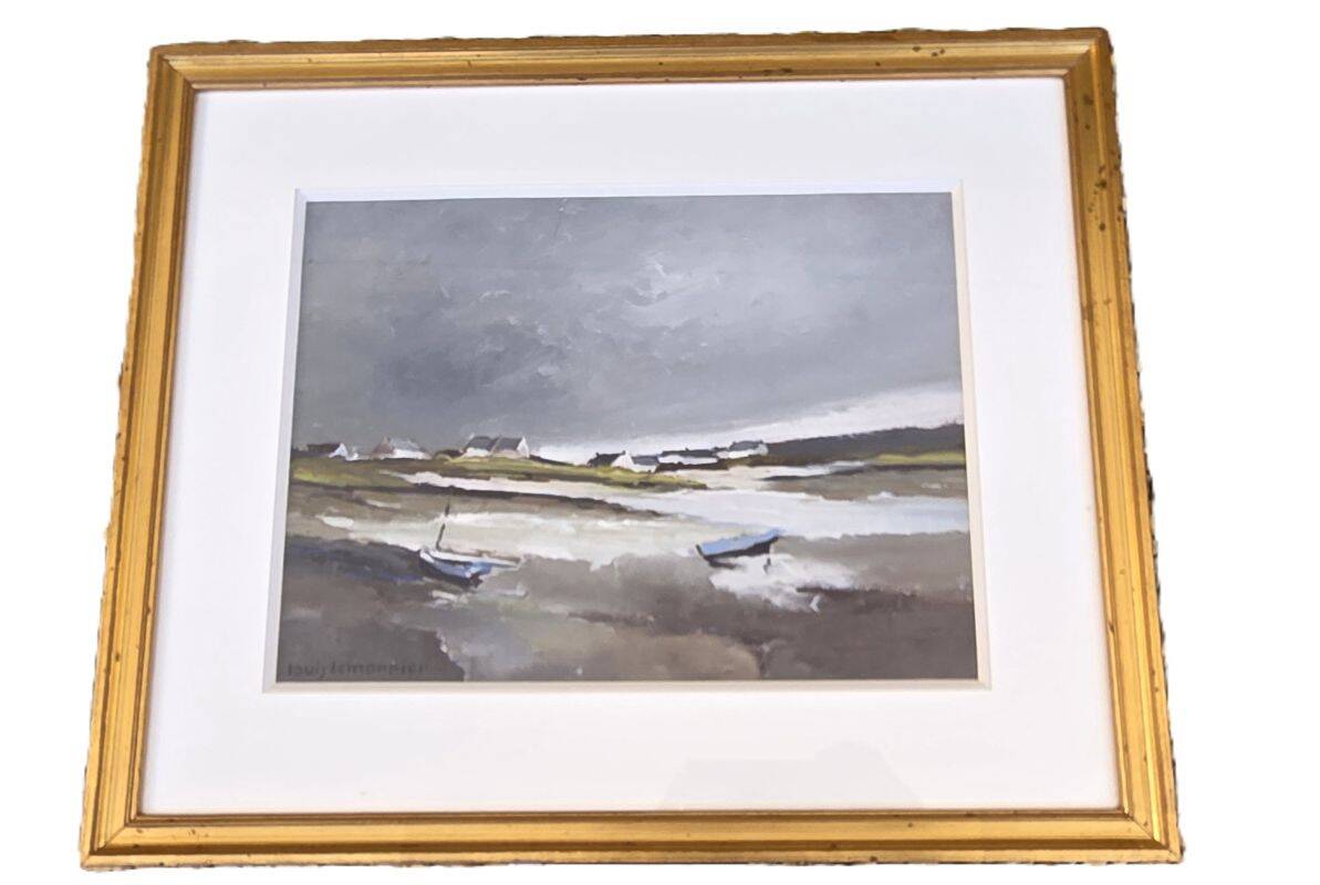 Lemonnier Louis - Boats at Low Tide Breton Marine Painting