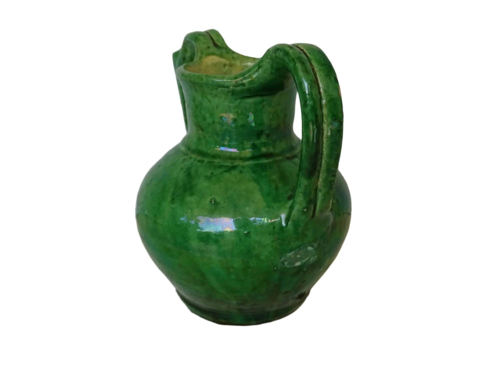 Orjol ou cruche vert antique français en terre cuite émaillée
