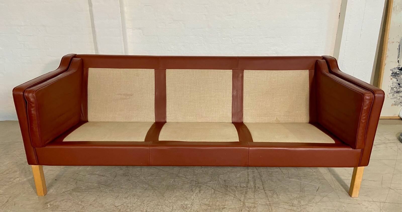 Vintage Danish mid-century Mogens Hansen 3-person cognac leather sofa