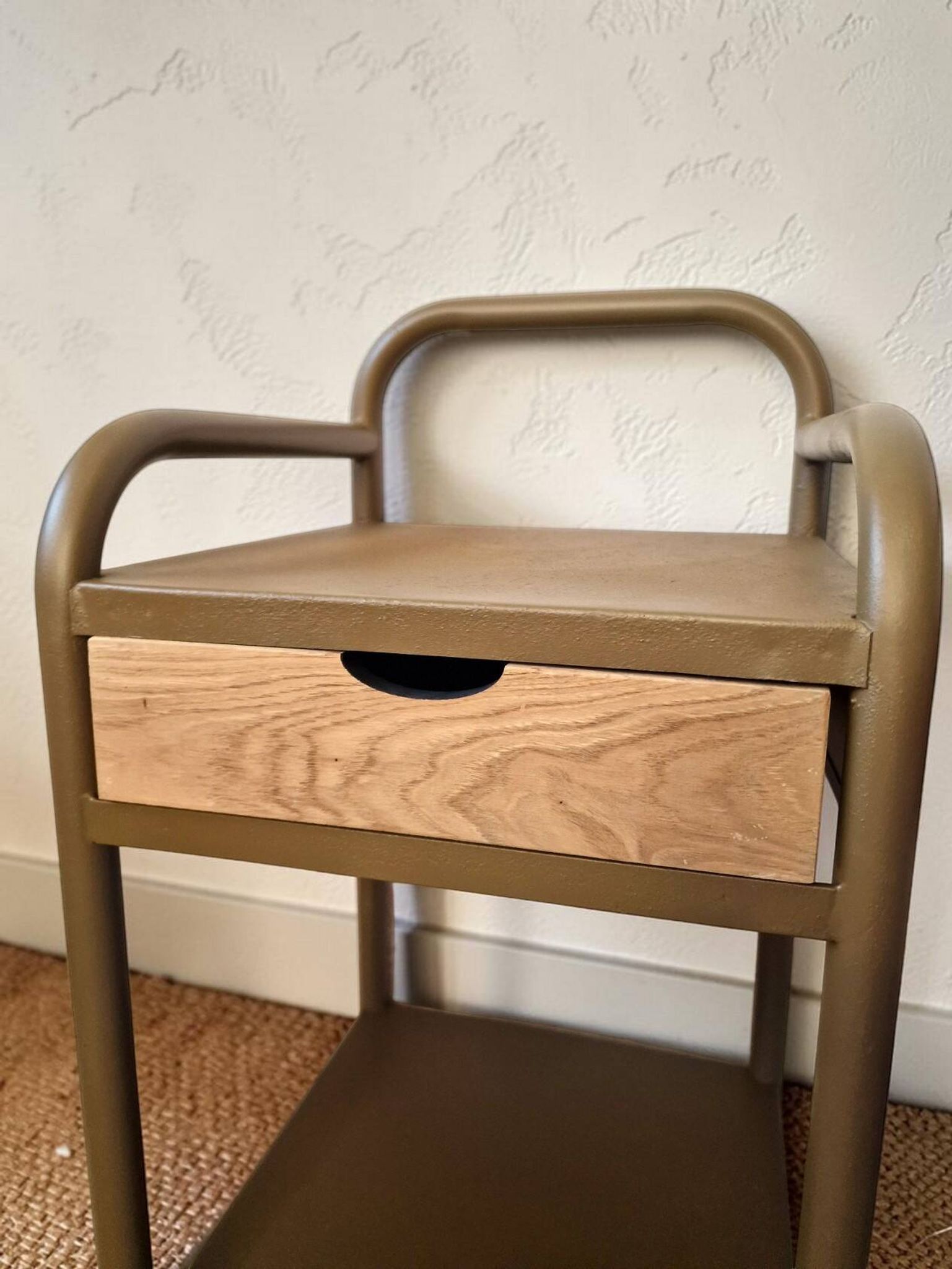 Vintage bedside tables in metal and brown beige wood.