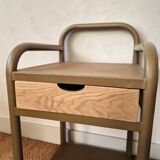 Vintage bedside tables in metal and brown beige wood.