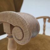 1970s, Scandinavian highback armchair, furniture corduroy, carved oak wood.