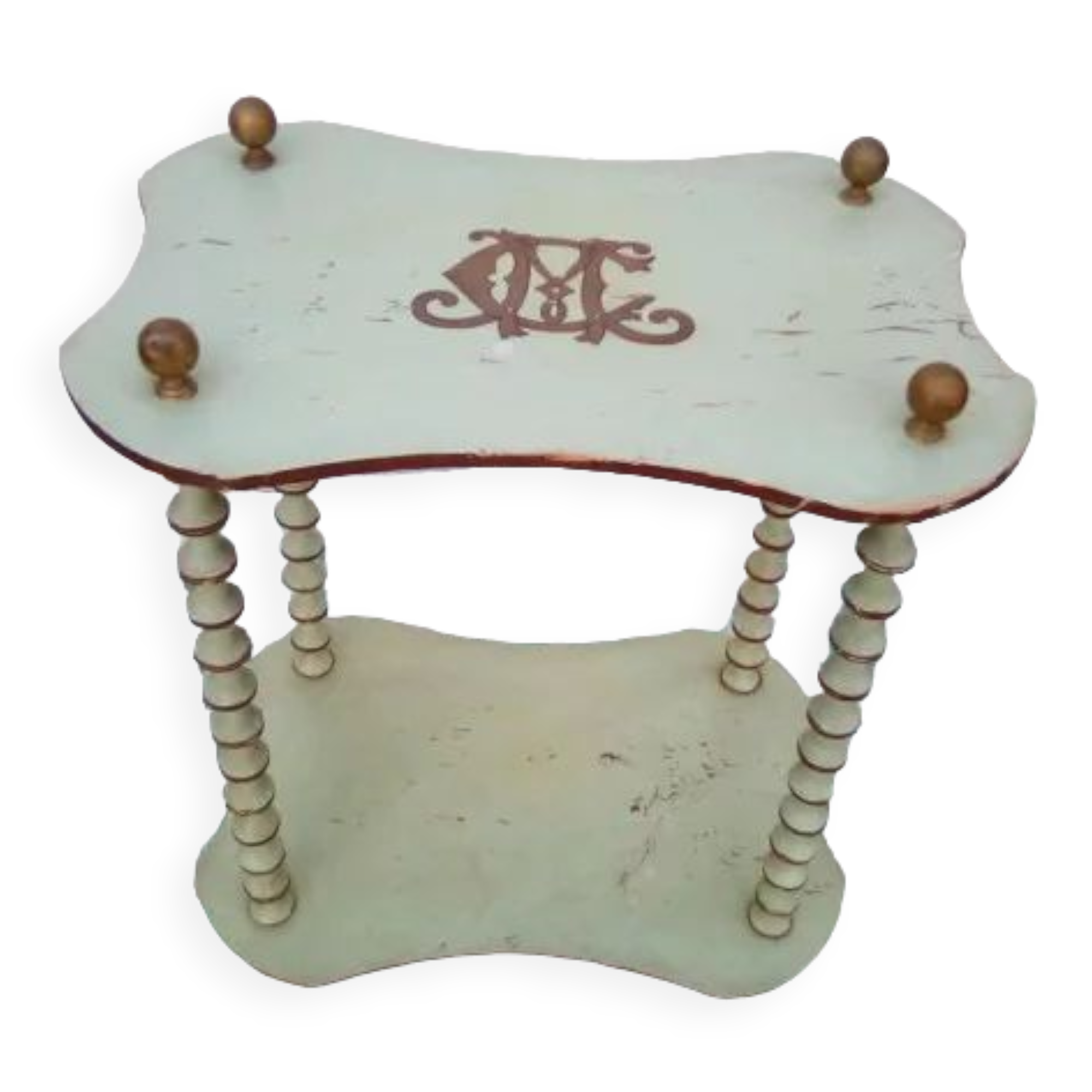 Shelf coils monogrammed patinated wood