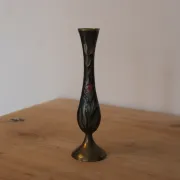 Vintage brass soliflore vase with black, red, and green floral decoration – H 18 cm
