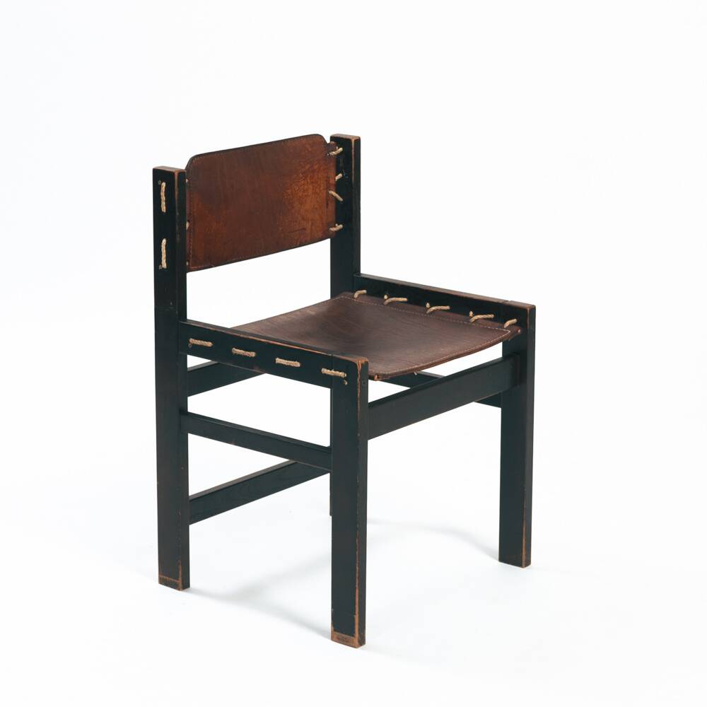 Vintage Brutalist Hide Leather and Wood with Rope Dining Chairs, Set of 2