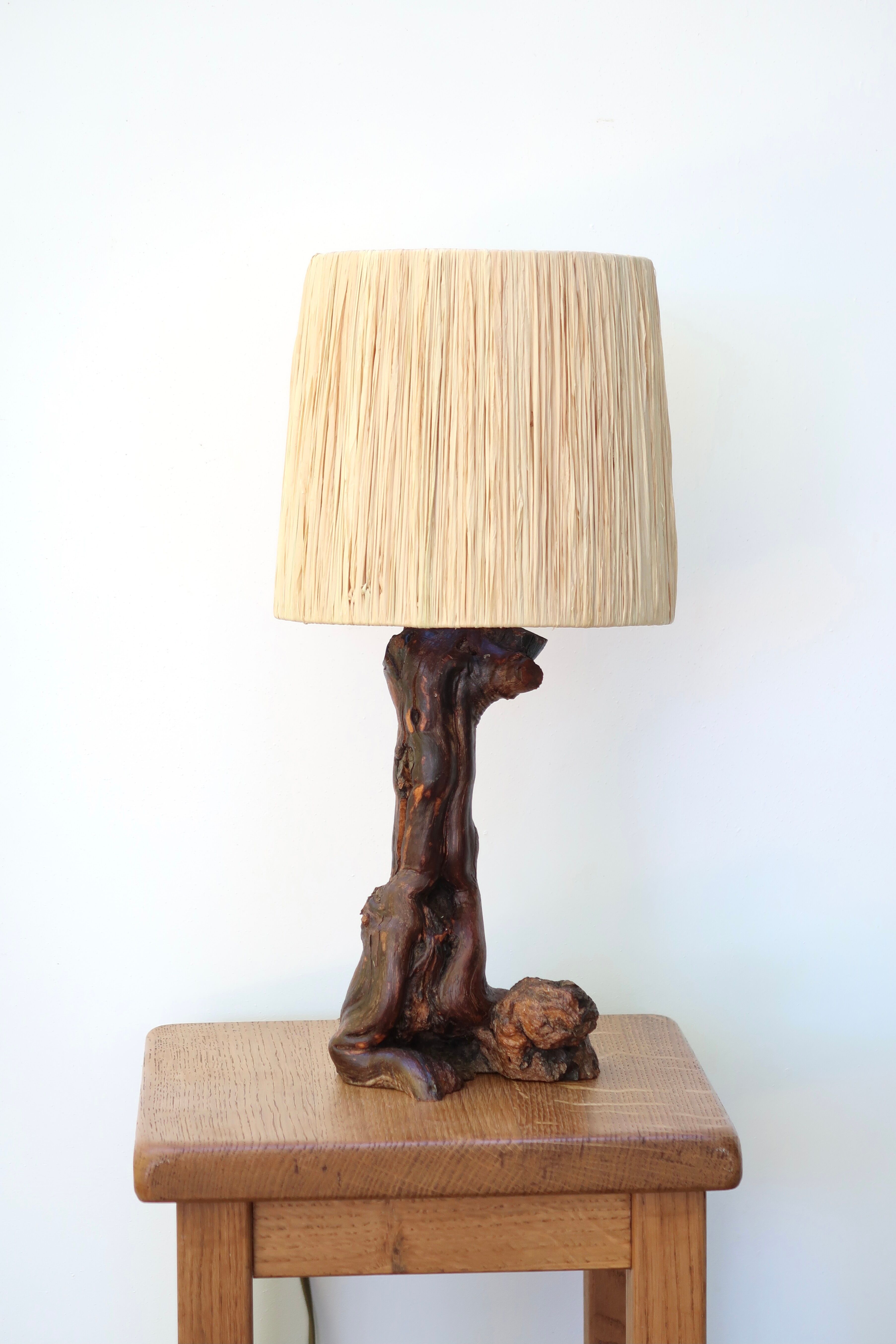 Vine wood lamp, raffia lampshade, 70s
