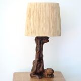 Vine wood lamp, raffia lampshade, 70s