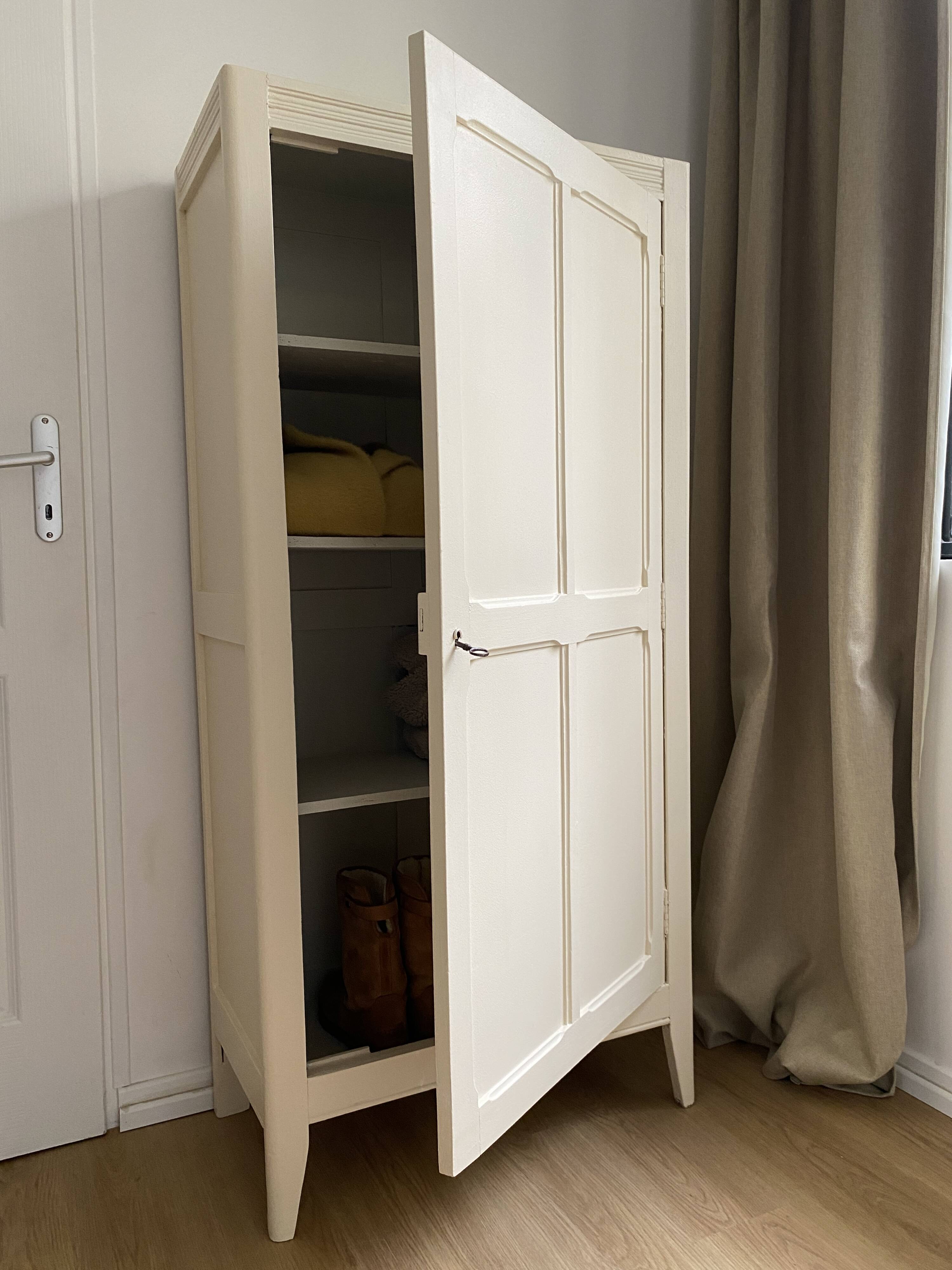Vintage Parisian wardrobe painted in linen white, one door, three shelves