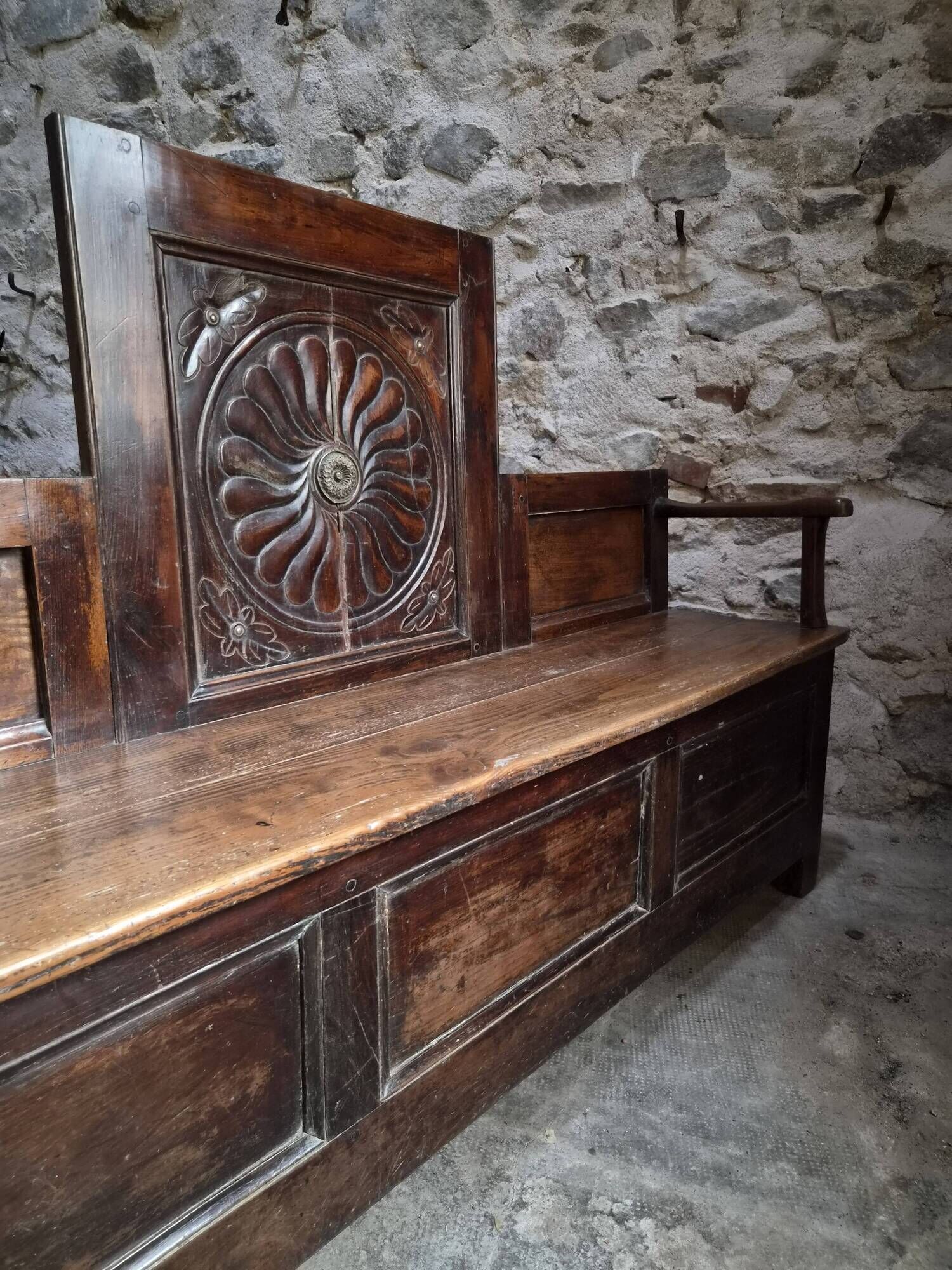 Old French popular art bench from Auvergne, circa 1800–1850