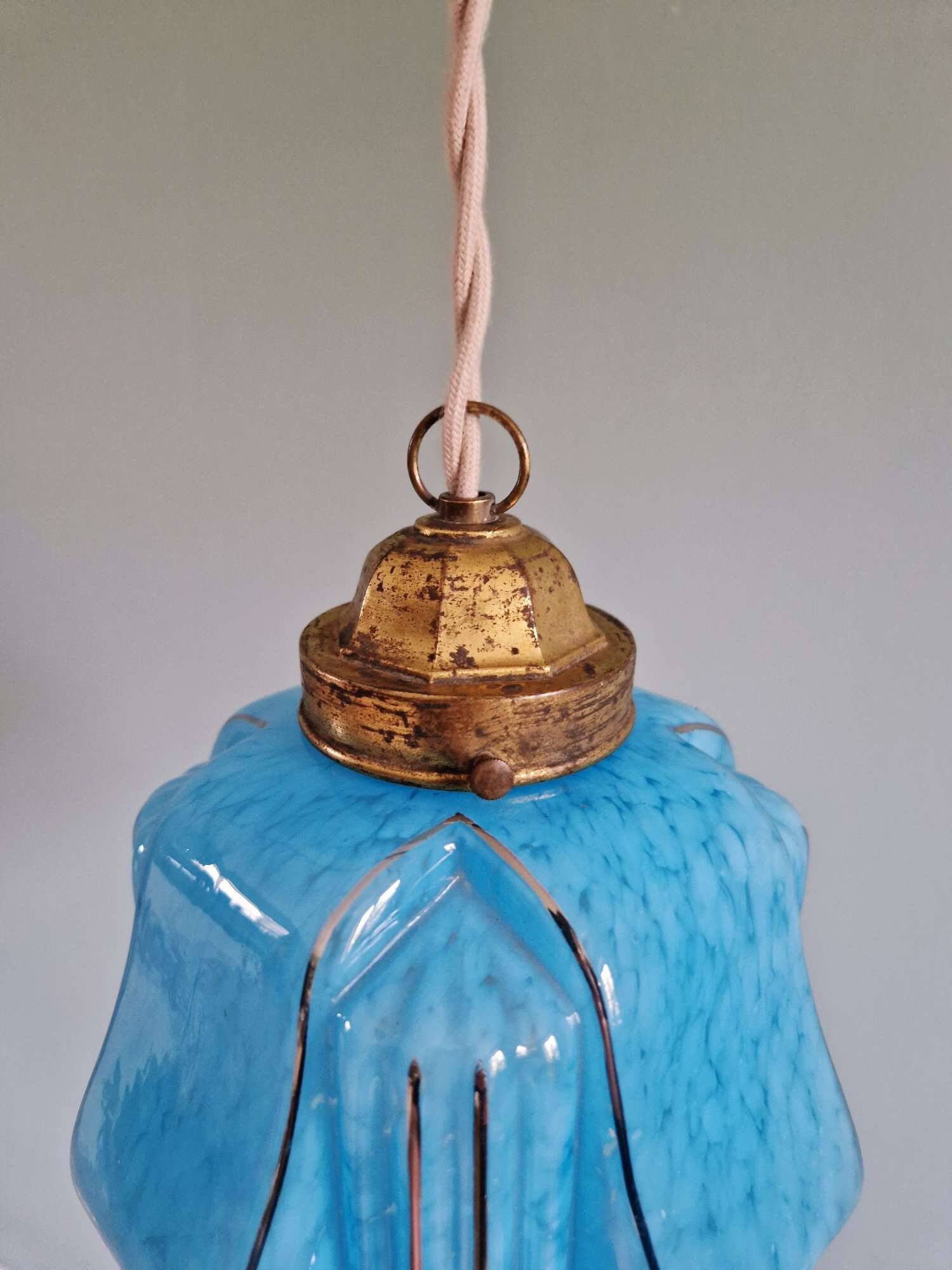 Suspension art déco en verre moucheté bleu, années 1920-30