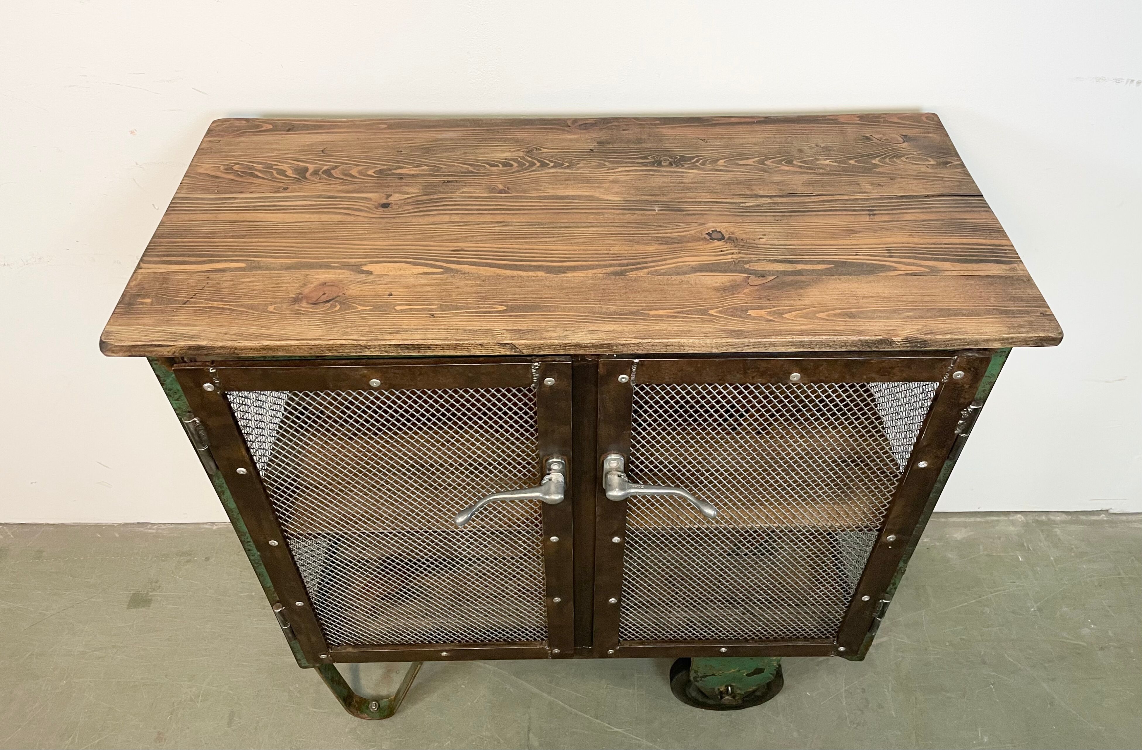 Industrial Iron Cabinet with Mesh Doors on Wheels, 1960s
