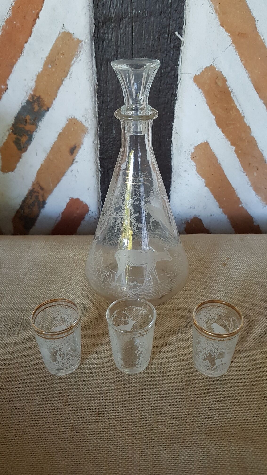 Carafe and 3 shot glasses sandblasted glass