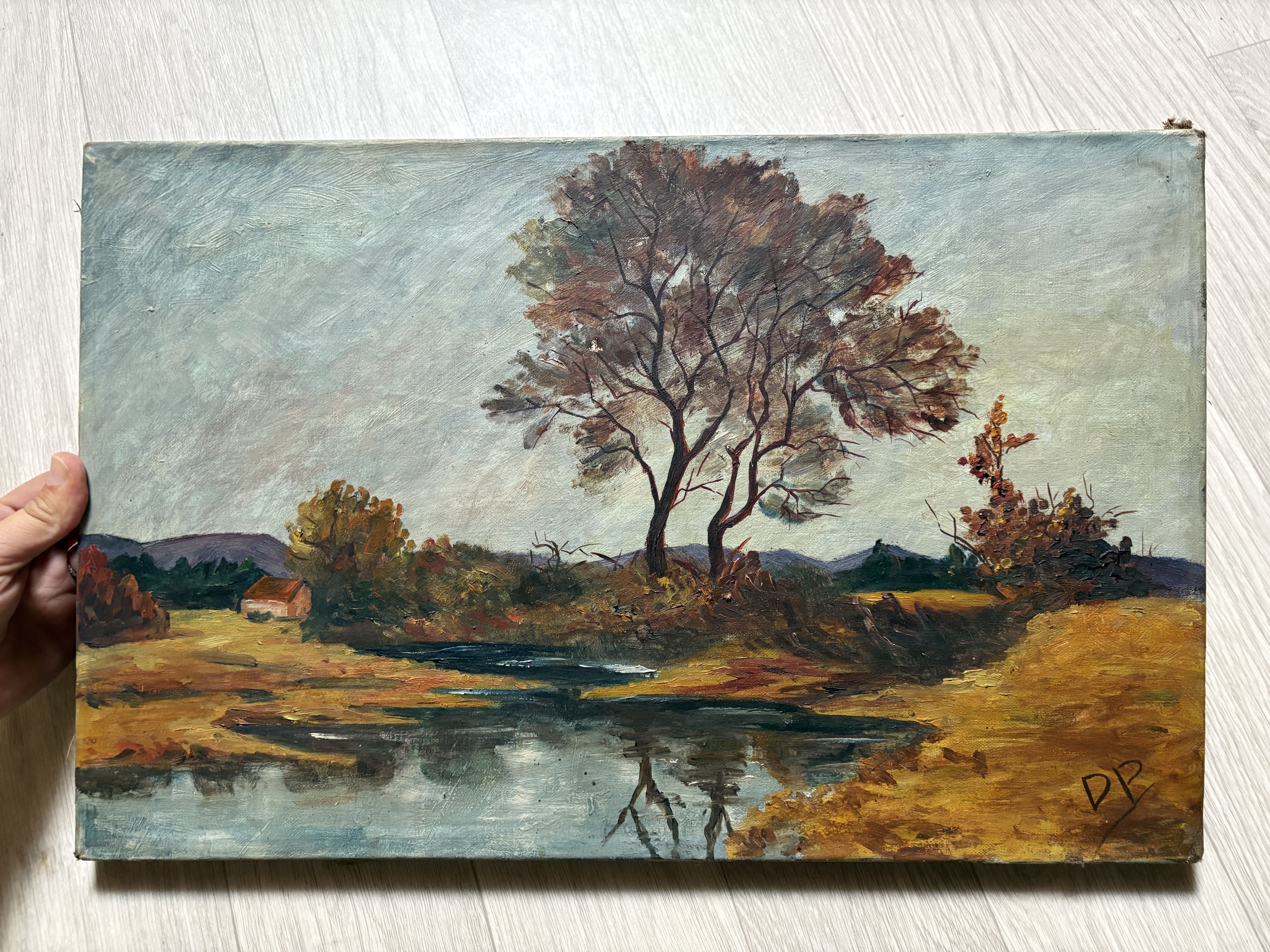 Vintage autumn landscape signed – River and trees – Oil on canvas