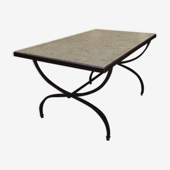 Curule coffee table in hammered steel, bronze and marble around 1950