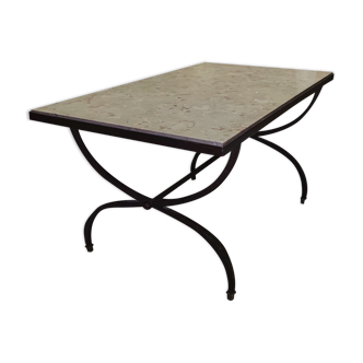 Curule coffee table in hammered steel, bronze and marble around 1950