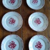 Set of 6 flat plates in faience of the 50s / 60s red pink pattern