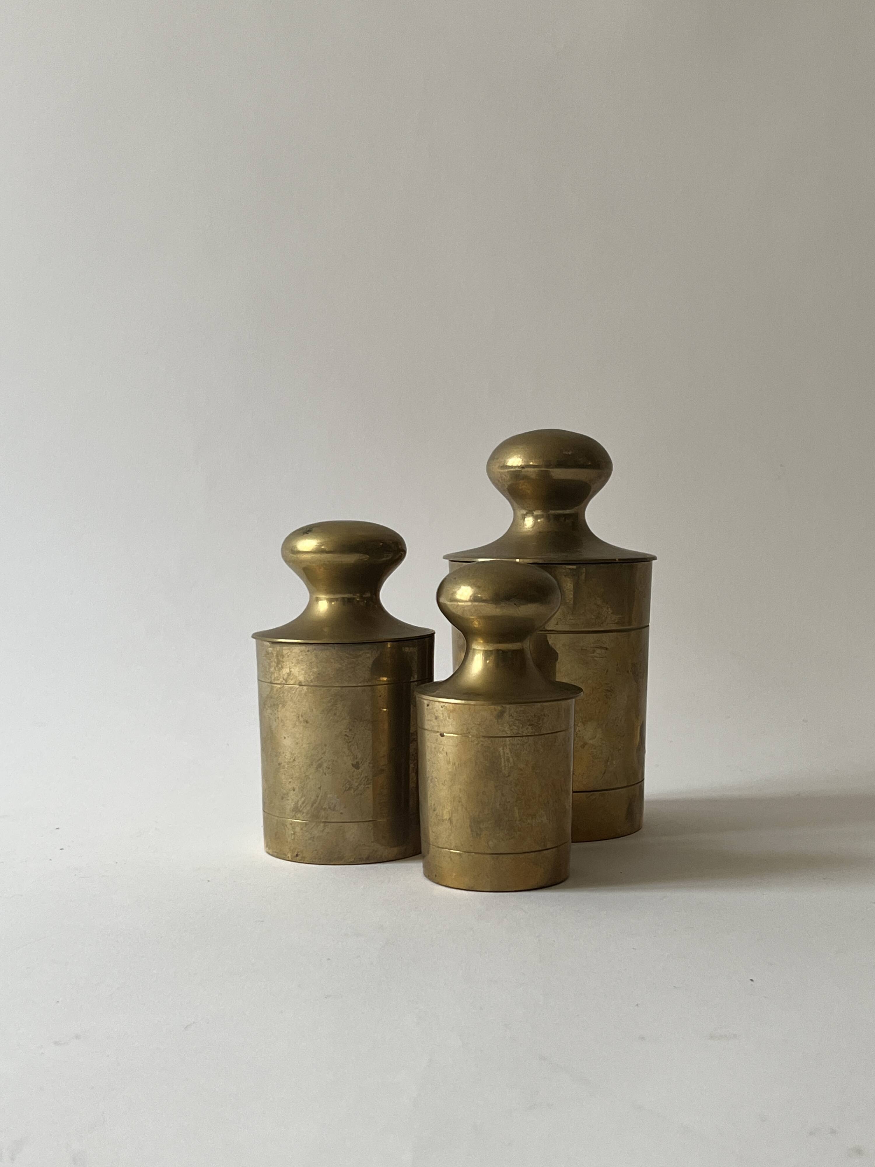 Set of 3 vintage boxes with genuine brass lids, 1950s.