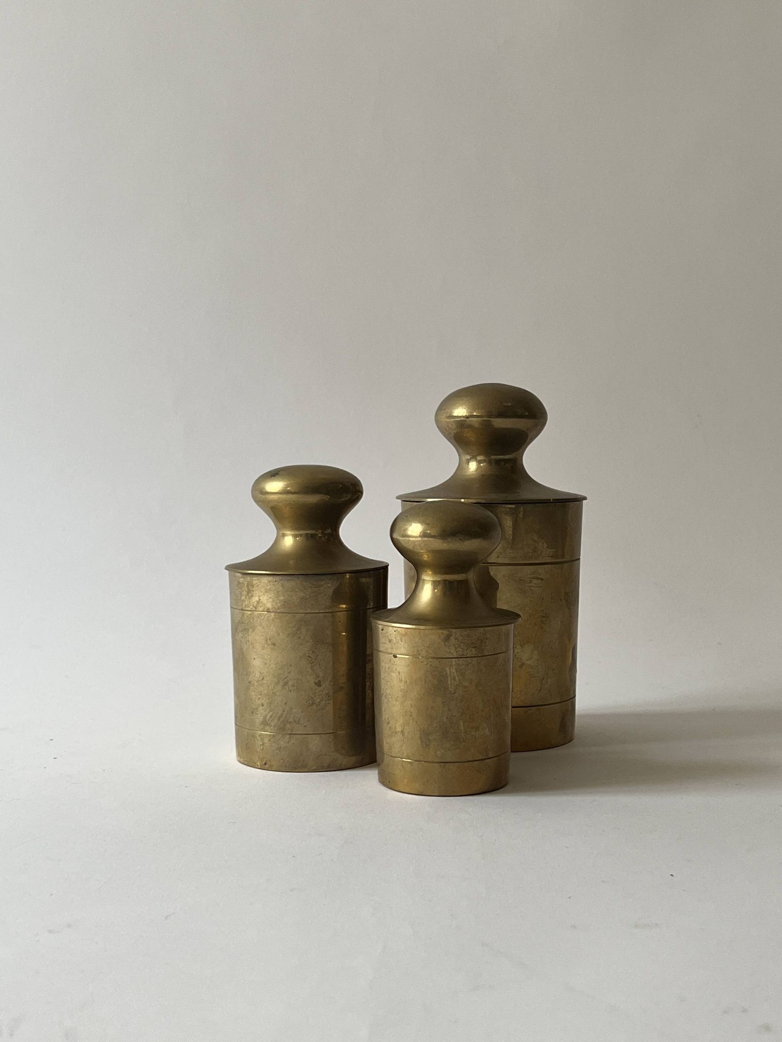Set of 3 vintage boxes with genuine brass lids, 1950s.