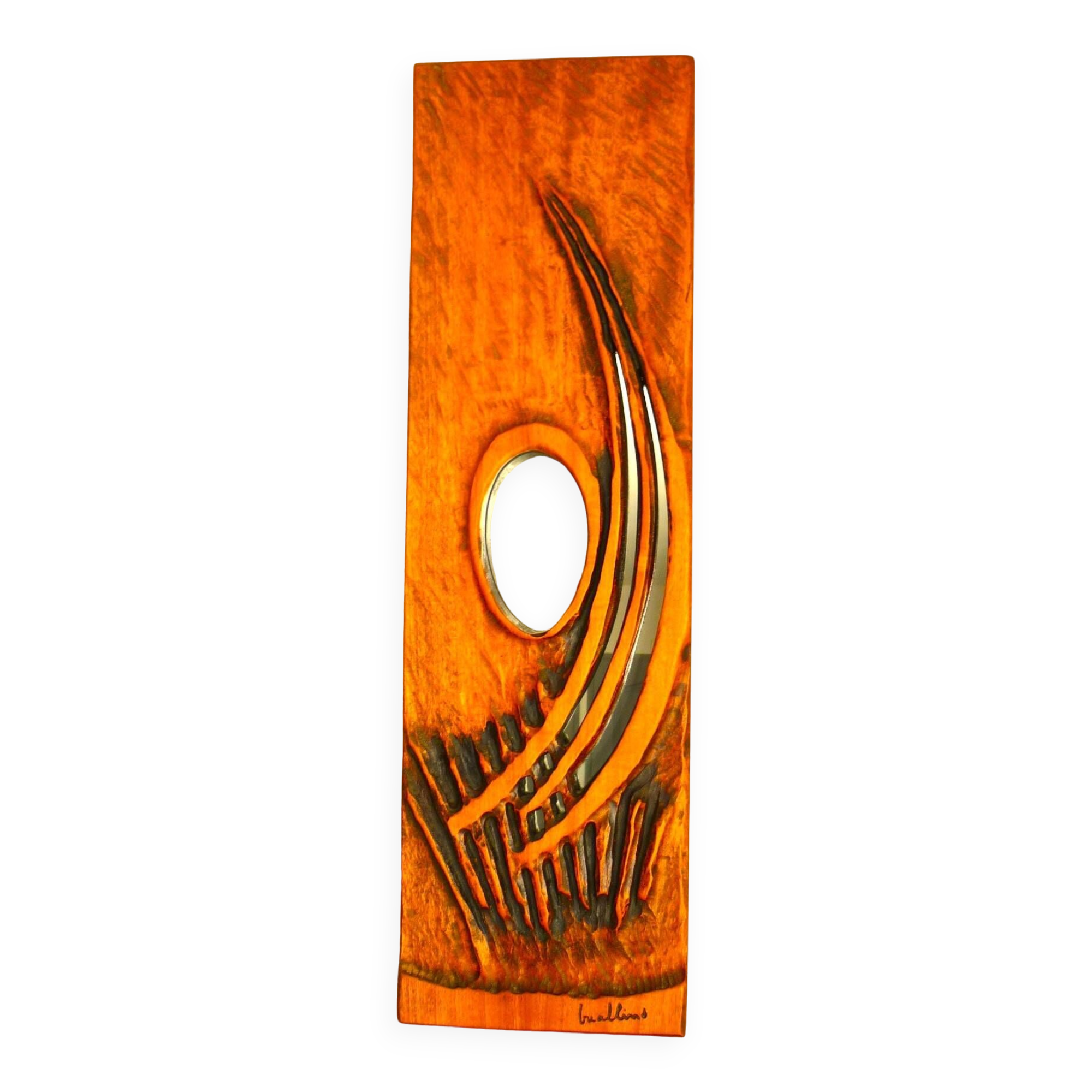 Carved wooden mirror, signed P. Guallino, "le passage", brutalist design from the 80s