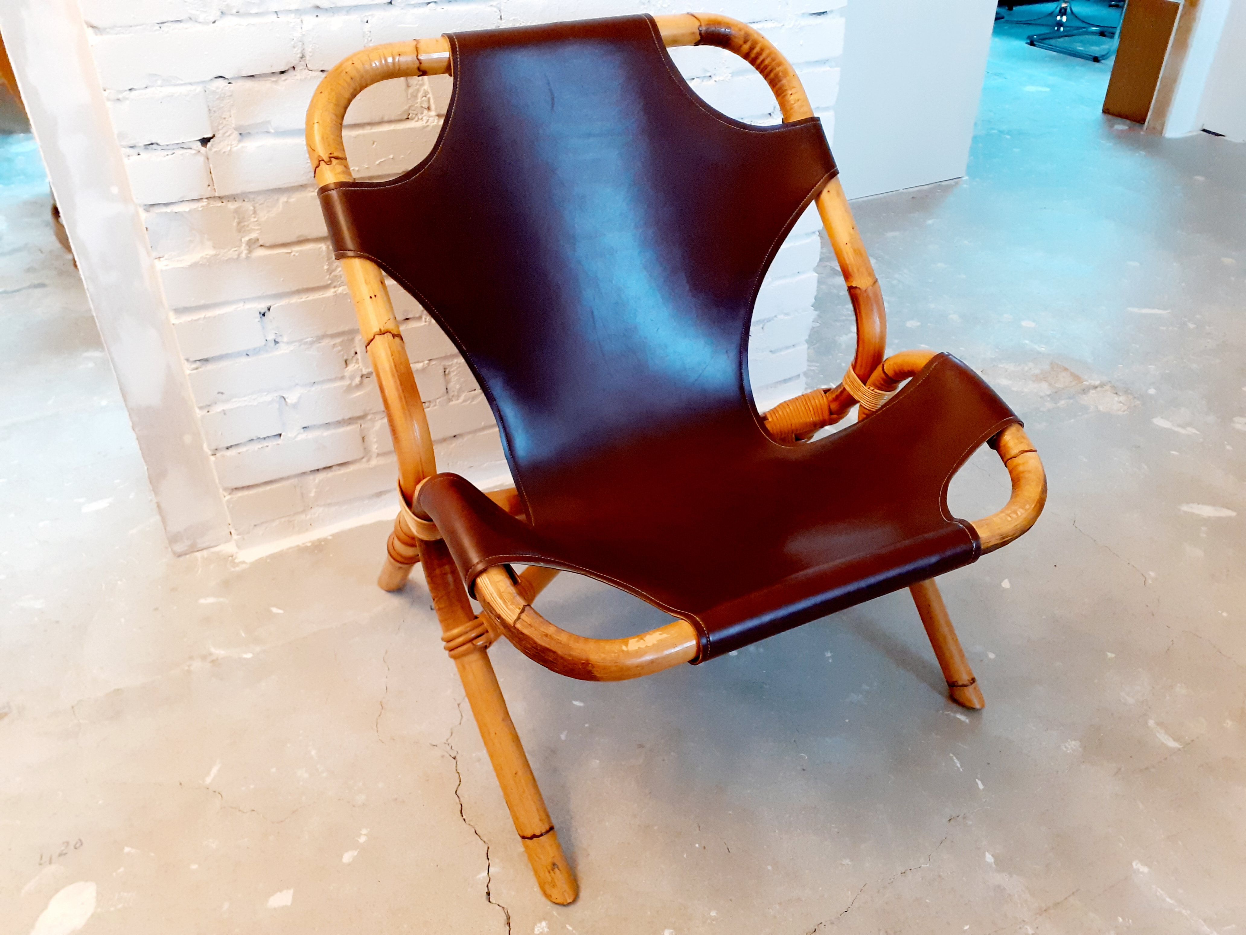 Vintage armchair in rattan and imitation leather 60s