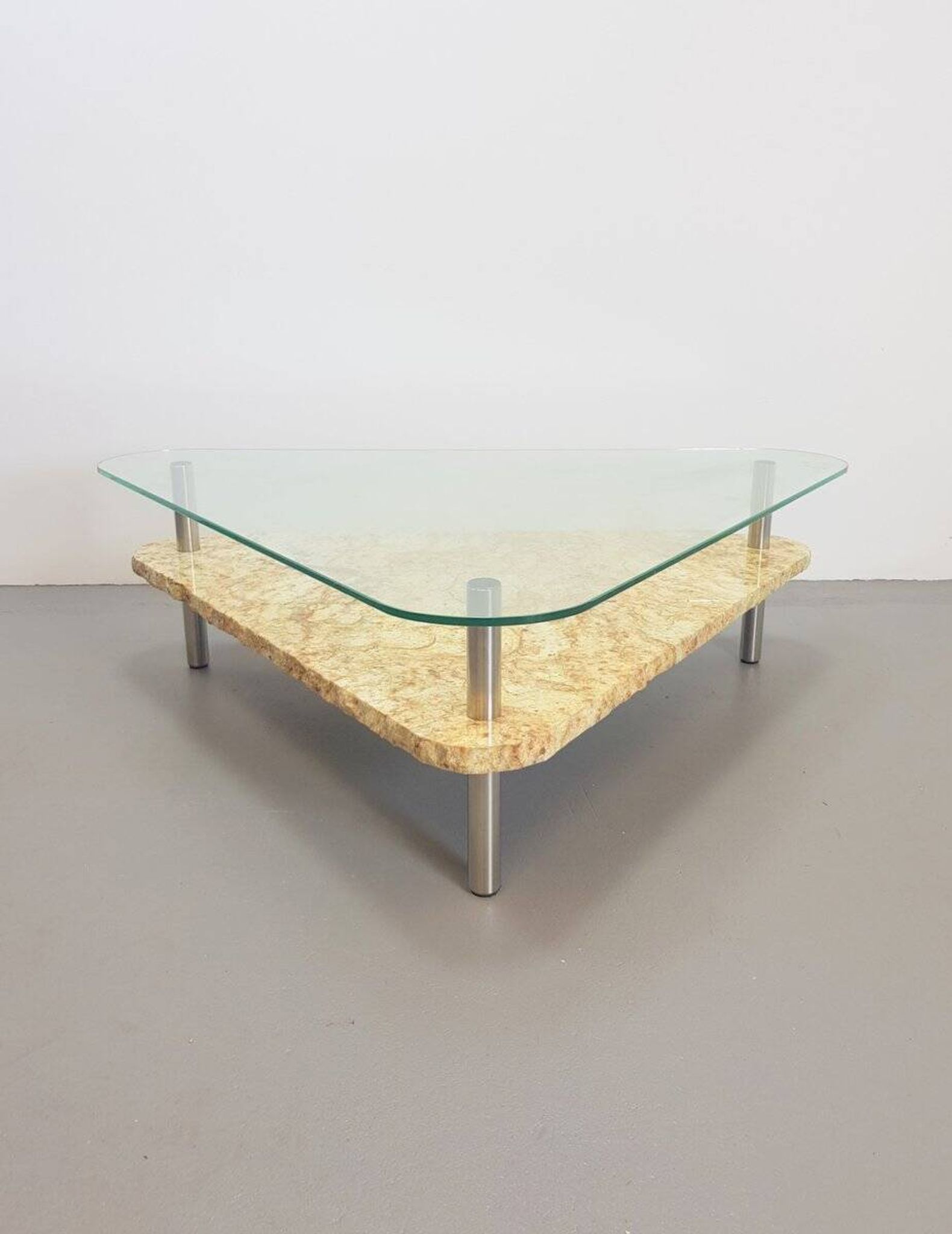 Brutalist Triangle Coffee Table in Marble and Stainless Steel, 1970s