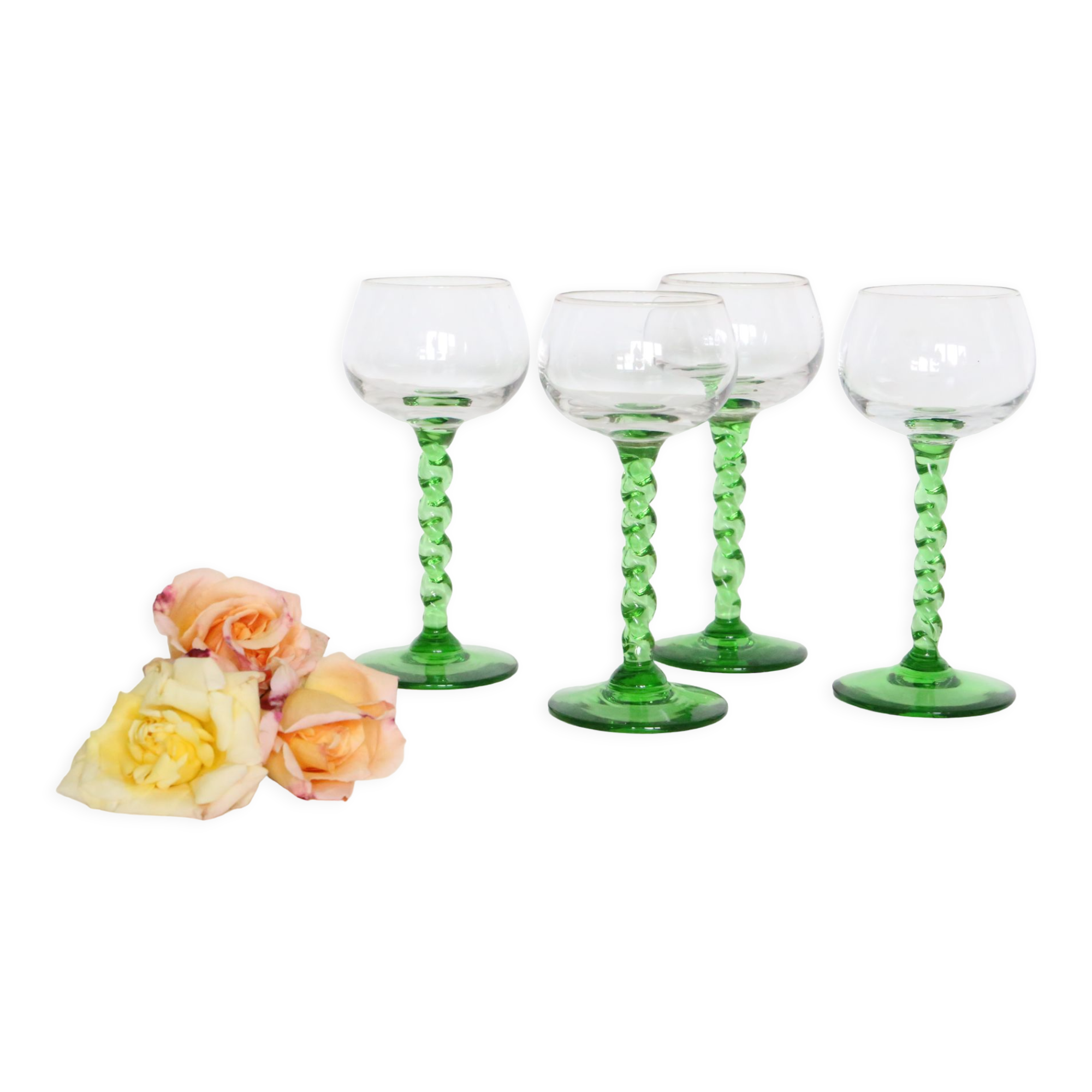 Set de 4 verres à vin blanc, pied vert, Français, vintage