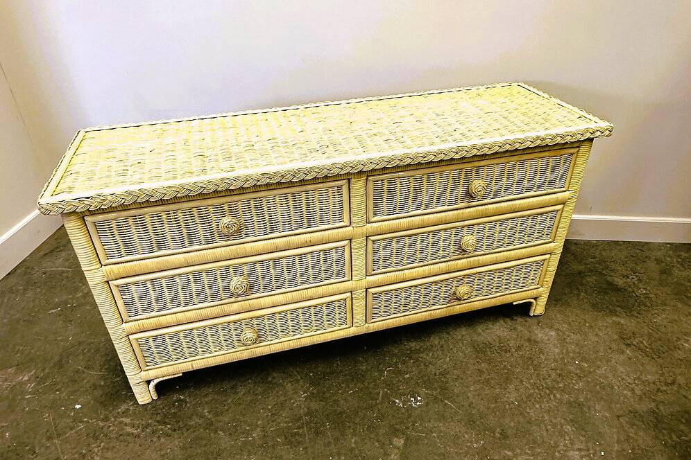 Mid-century pale yellow rattan and bamboo chest of drawers