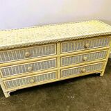 Mid-century pale yellow rattan and bamboo chest of drawers